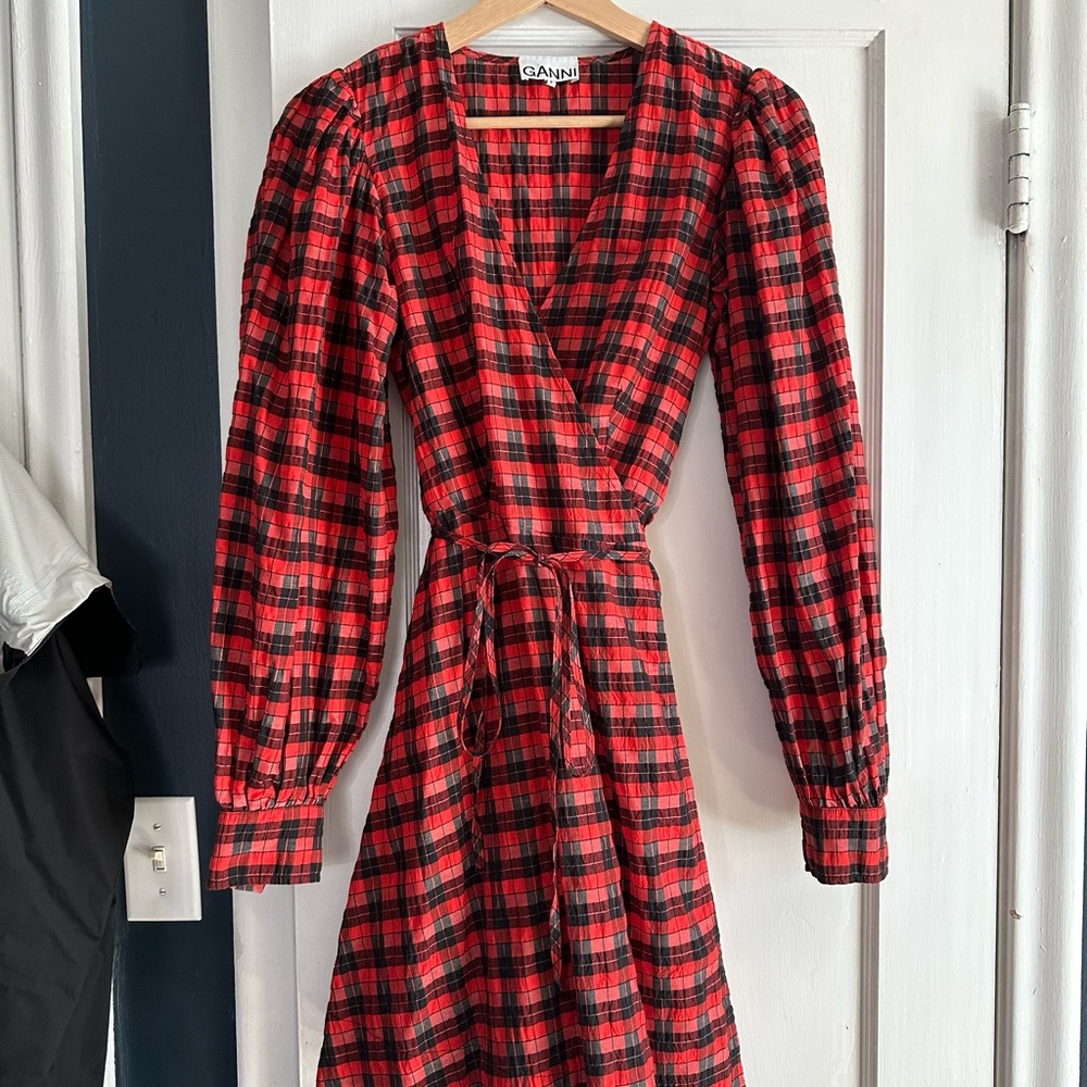 Ganni Red and Black Plaid Wrap Midi Dress